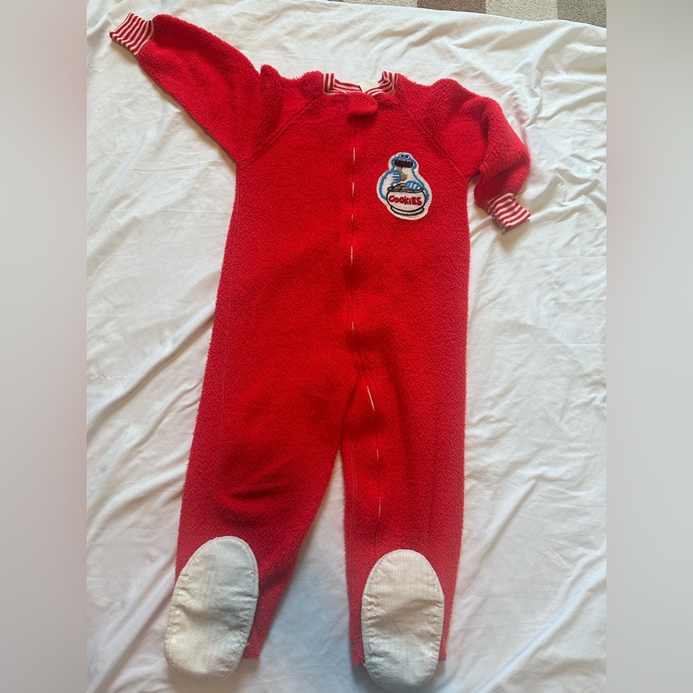 Vintage Red Cookie Monster Kids One-Piece Fleece Pajamas